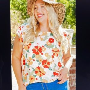 Floral Colorful Flutter Ruffle Sleeve Top Shirt Blouse Red Orange Size 3X